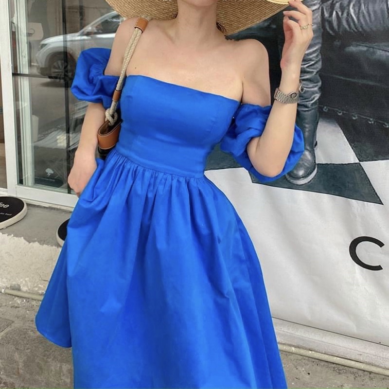 Đầm Midi Xanh Rớt Vai Tay Phồng 🦋FREESHIP 🦋