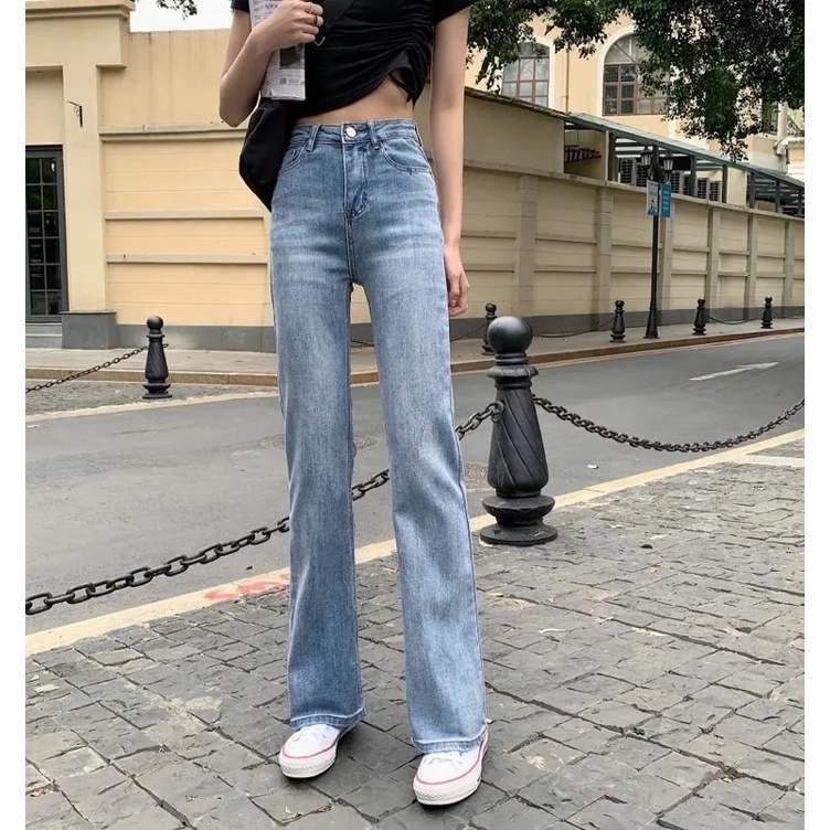 Quần Jeans Nữ Ống Loe Màu Xanh Nhạt Đậm Chất Co Dãn Có Túi Cạp Cao Cá Tính Sành Điệu Phong Cách Hàn Quốc Loại 1