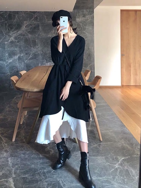 {order bigsize,M-4Xl}Váy dài tay 2 mảnh phối trắng đen hot trend | BigBuy360 - bigbuy360.vn