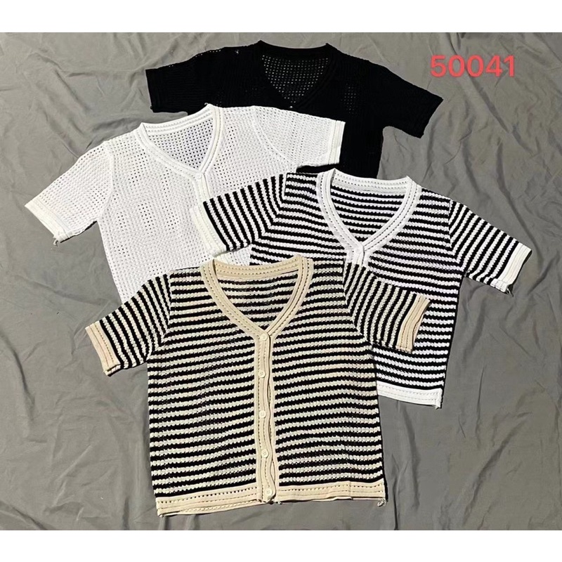 áo len lưới dệt kim mix viền kiểu cổ tim cài khuy (2515#)