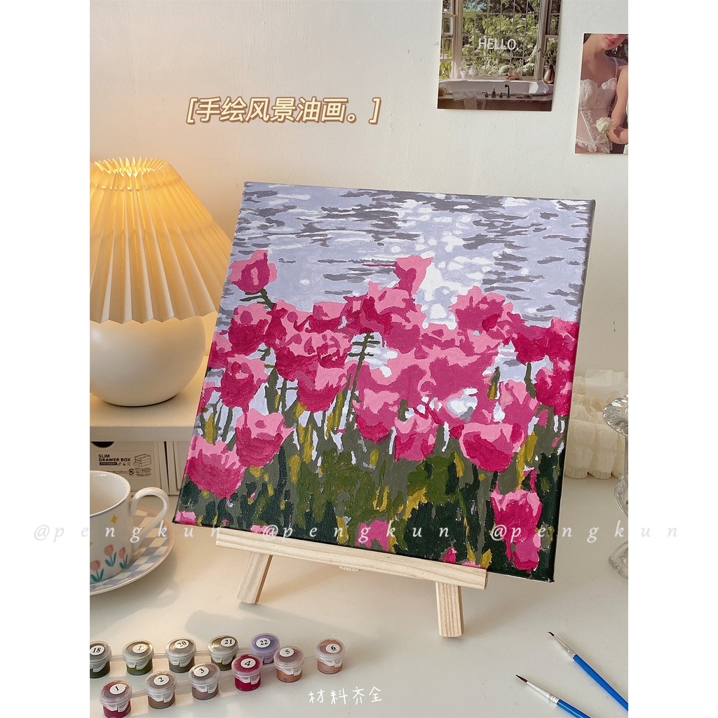 Tranh Sơn Dầu Acrylic Hình Hoa Tulip 20x20cm Trang Trí Phòng Ngủ