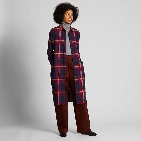 Đầm sơ mi nữ dài tay kẻ caro dòng Flannel Long Sleeve Shirt Dress thanh lịch, duyên dáng của Uniqlo .