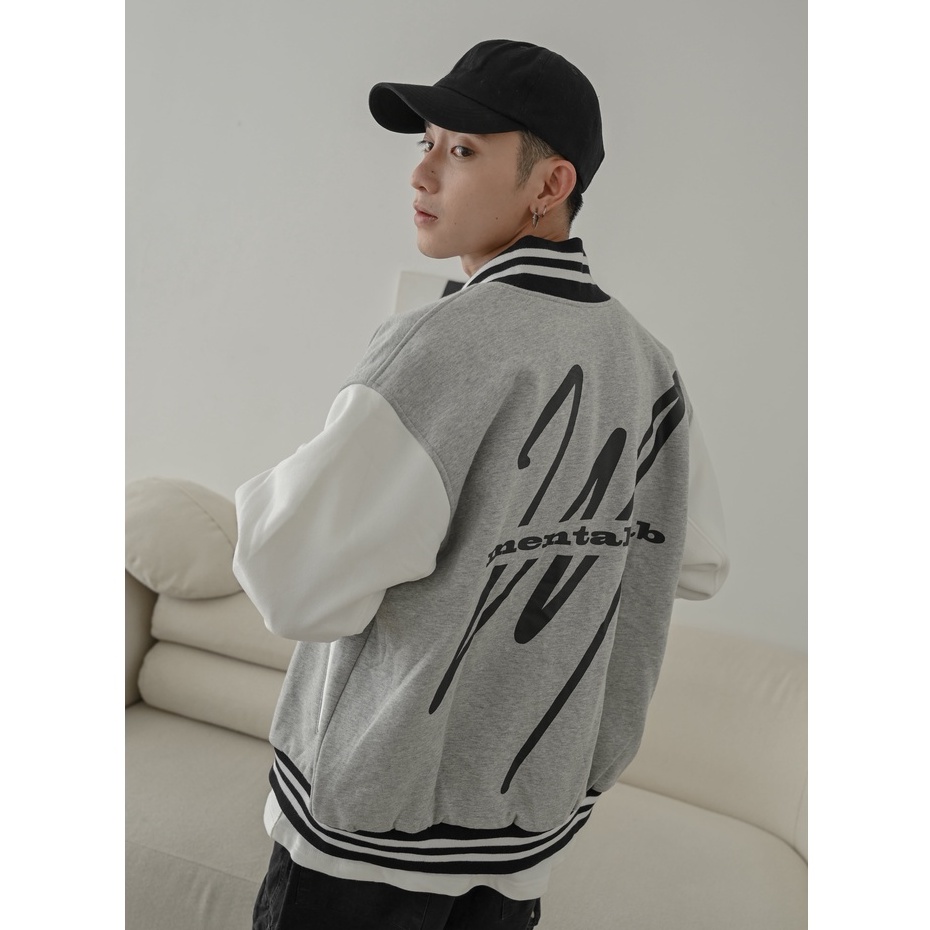 Áo Bomber Nỉ MENTAL® /College Varsity Jacket/ Xám Trắng