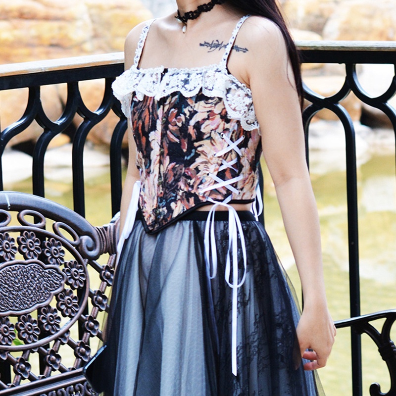 Áo Nịt Ngực Corset Thắt Dây Họa Tiết Hoa Cho Nữ