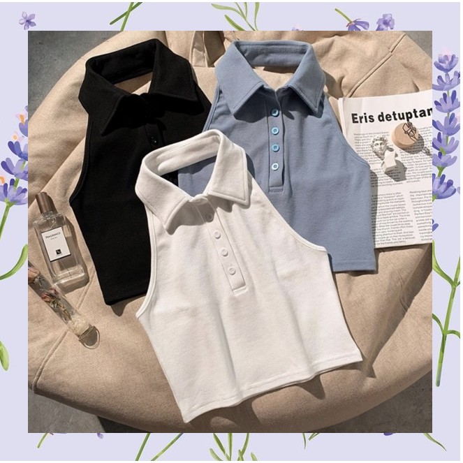 [Sẵn] Áo Polo Croptop hở lưng màu trắng và đen chất đẹp dày dặn