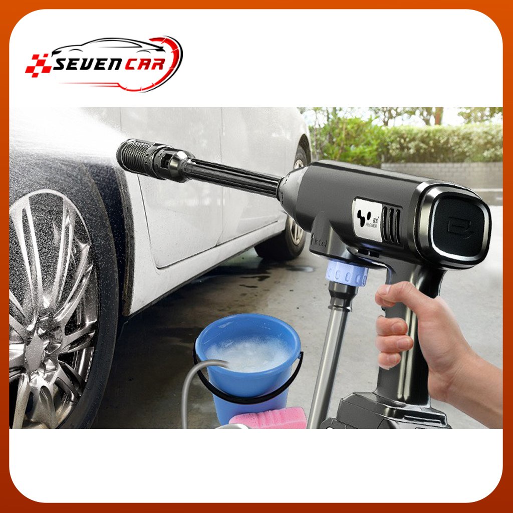 Máy rửa xe, máy phun nước cầm tay không dây áp lực cao 2 pin và 1 sạc công suốt lơn - dòng cao cấp- Seven.car