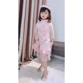 Áo dài tết cho bé gái kèm mấn/ áo dài cách tân cho bé