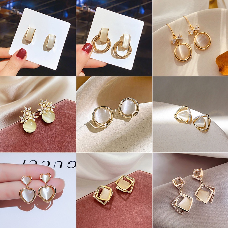 Bông Tai Mạ Bạc 925 Hình Vuông Đính Đá opal Đơn Giản Cho Nữ