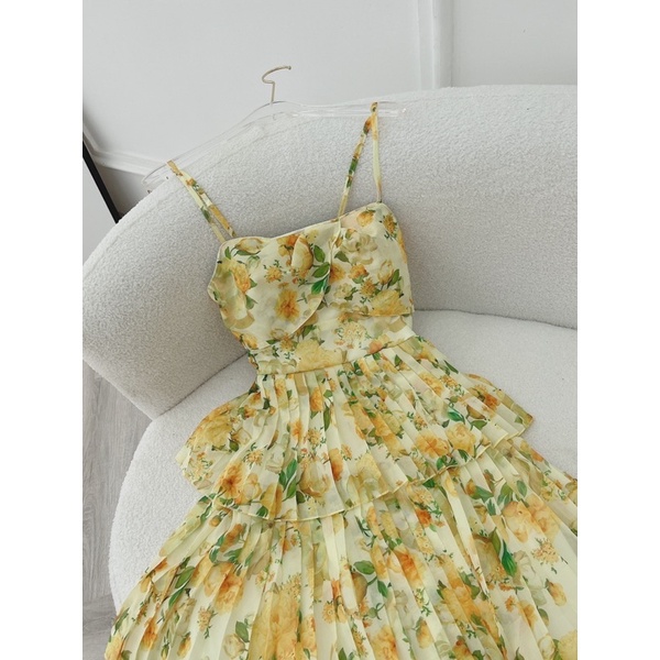 ĐẦM HOA VÀNG TẦNG 2 DÂY NHÍU NGỰC MIDI