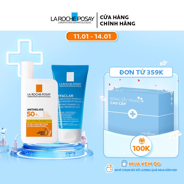 Bộ chống nắng không nhờn rít La Roche-Posay Anthelios XL Fluid Ultra Light 50ml &amp; Gel rửa mặt cho da dầu mụn 50ml