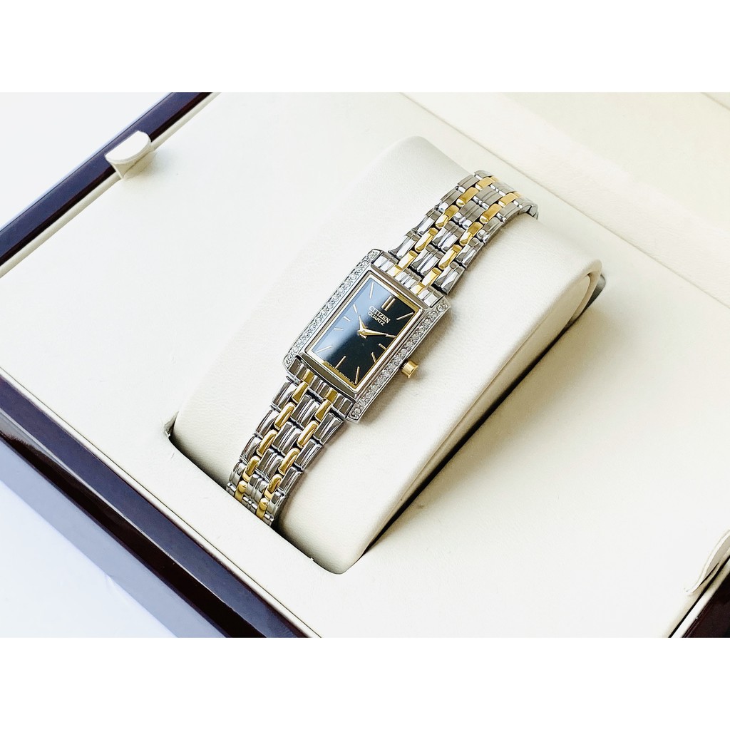 Đồng hồ Nữ chính hãng Citizen EK1120-55L Demi vàng,Mặt đen vuông-Máy Pin Quartz-Dây kim loại cao cấp-Size 28x18mm