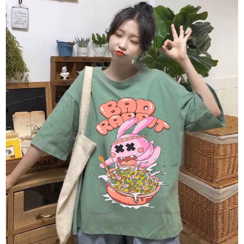 Áo thun tay lỡ nữ freesize phông form rộng dáng Unisex, mặc lớp, nhóm, cặp in chữ BAD RABBIT NẤU ĂN màu xanh