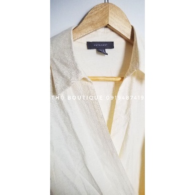 Áo sơ mi PRIMARK đũi linen cổ V vạt chéo thắt nơ tay dài màu vàng kem