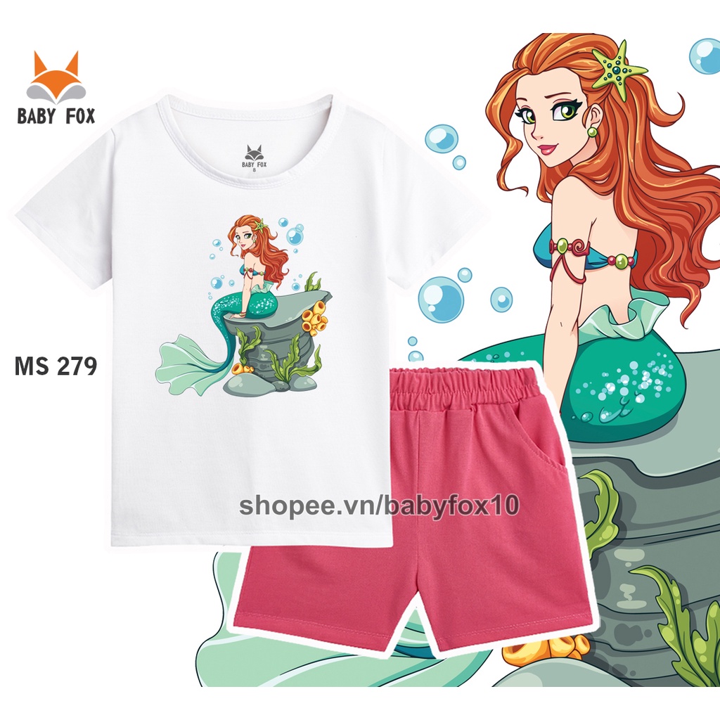Bộ thun bé gái 100% cotton vải tốt, thương hiệu BABY FOX, in hình nàng tiên cá, size nhỏ, trung, đại c