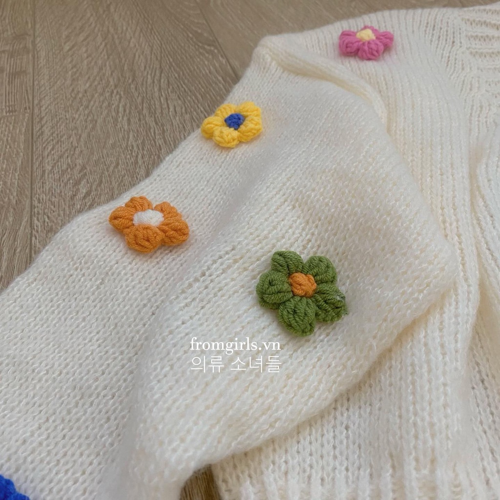Áo len cardigan hoa thêu nổi, áo cardigan len mỏng dáng lửng thêu hoa hot trend - AL22