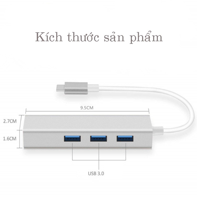 Cáp chuyển USB Type c to LAN + 3 Port USB 3.0 vỏ nhôm - HUB Conventer