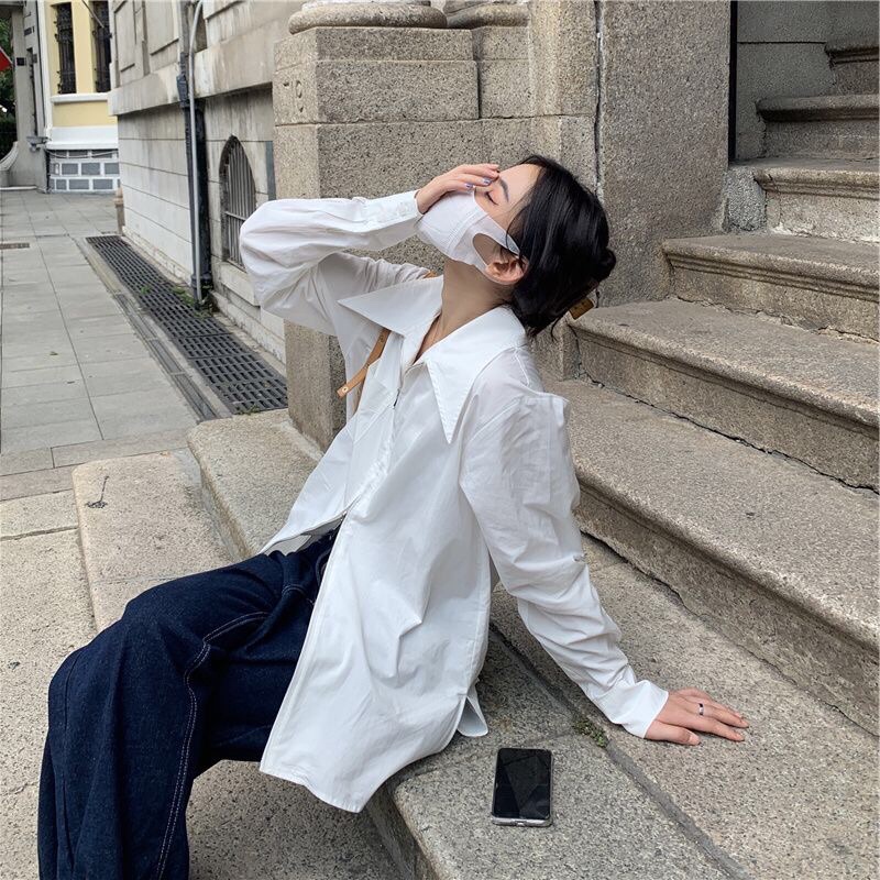 Áo Sơ Mi Nam Nữ Unisex Màu Xanh Trắng Basic Dài Tay Phom Rộng Dáng Dài Phong Cách Ulzzang Đi Làm Đi Chơi Đi Học