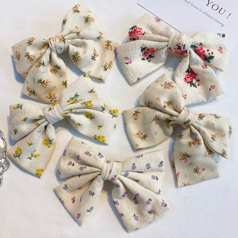 [Hàng thiết kế] Kẹp tóc nơ hoa nhỏ màu be handmade phong cách vintage dành cho tiểu thư