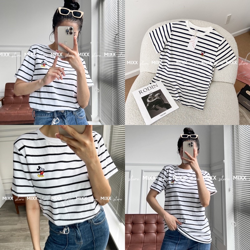 Áo Thun Nữ Sọc Thêu hình mickey nhỏ xinh xắn thun mịn cao cấp thoáng mát phom suông rộng sà