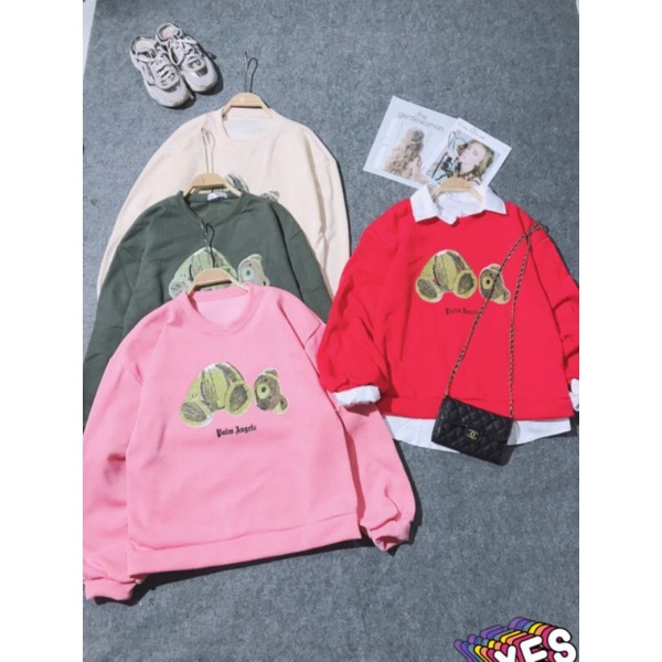 Áo Nỉ Sweater Nam Nữ Dập Hình Gấu Chữ Palm Angels, Áo Sweater Oversize Basic, áo Nỉ Tay Bồng Unisex