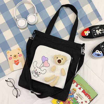 Túi Tote Vải Canvas Nữ Gấu Dễ Thương Có Khoá Kéo Phong Cách Thời Trang HX0080