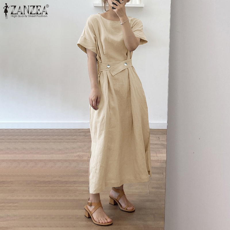 Đầm Maxi ZANZEA Dáng Rộng Tay Ngắn Cổ Tròn Phối Túi Bên Cho Nữ | BigBuy360 - bigbuy360.vn