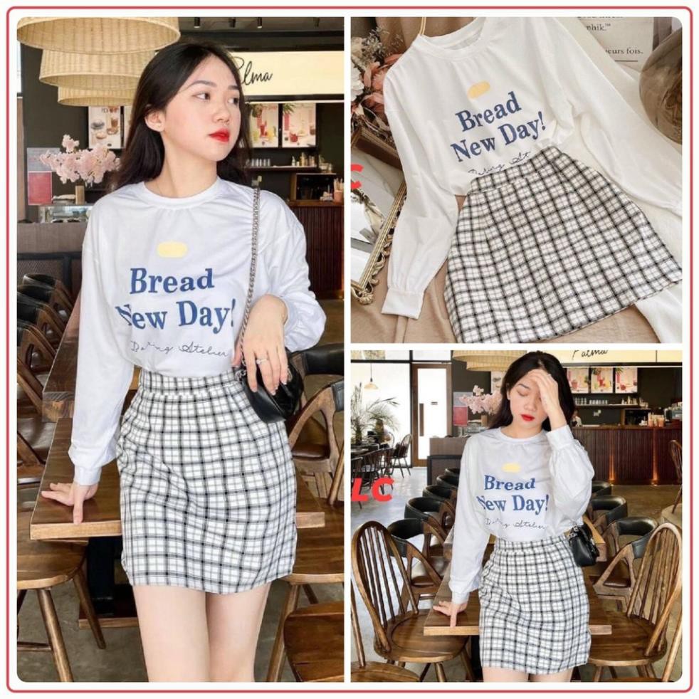 Set áo dài tay chân váy ngắn💖FREESHIP💖 Set áo in chữ mix chân váy kẻ caro AD05 - Anhduong.store