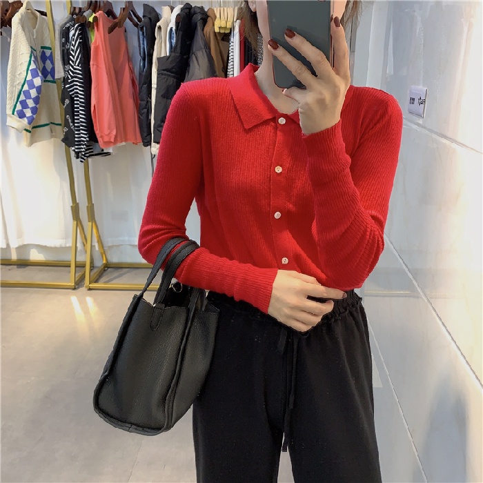 Áo ZHELIHANGFEI vải dệt kim cổ bẻ tay dài phong cách sang trọng