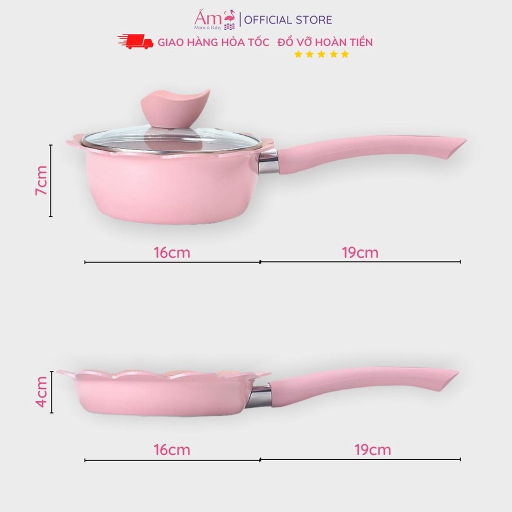 Bộ Nồi Chảo Đá Cao Cấp Chế Biến Ăn Dặm Cho Bé Bảo Hành 6 Tháng Ấm Baby Chống Dính Nấu Món Ngon