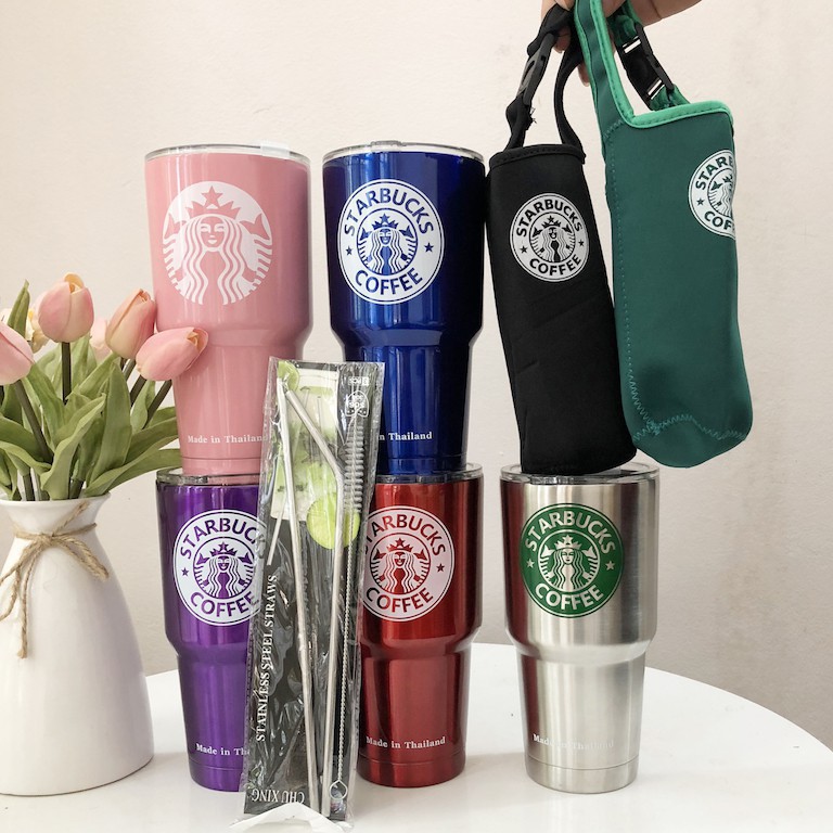 Cốc Giữ Nhiệt Logo Starbuck 900ml , Tặng Kèm Ống Hút, Thanh Cọ Rửa Và Túi Đựng - Tiện Lợi Cho Mang Xách