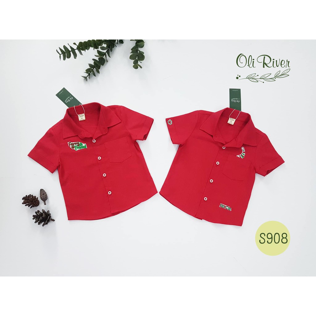 Áo sơ mi đỏ cho bé trai, chất vải linen, hàng thiết kế Oliriver, size 5-22KG