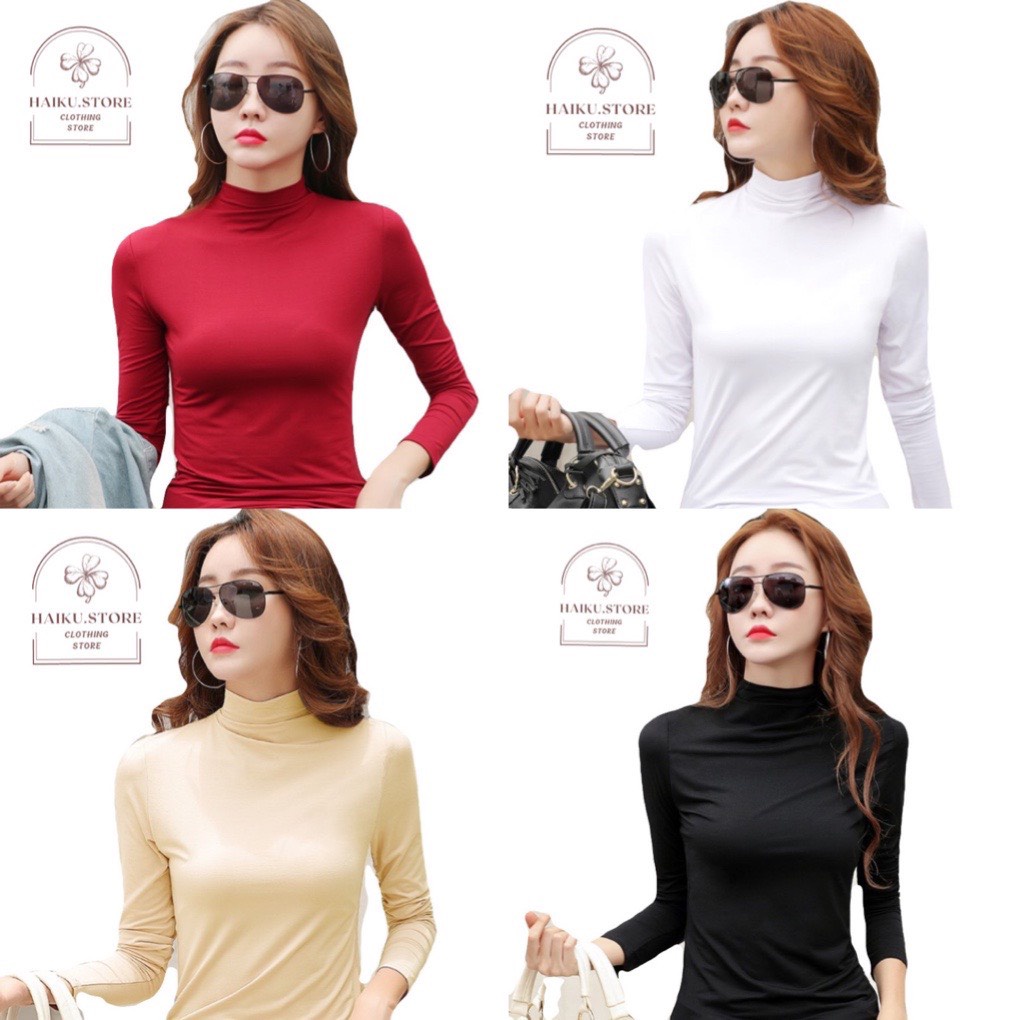 Áo Giữ Nhiệt Nữ Thun Lạnh Lót Nỉ Cổ Cao 3 Phân Haiku.Store Áo Giữ Nhiệt Dáng Ôm Freesize (40-57kg)