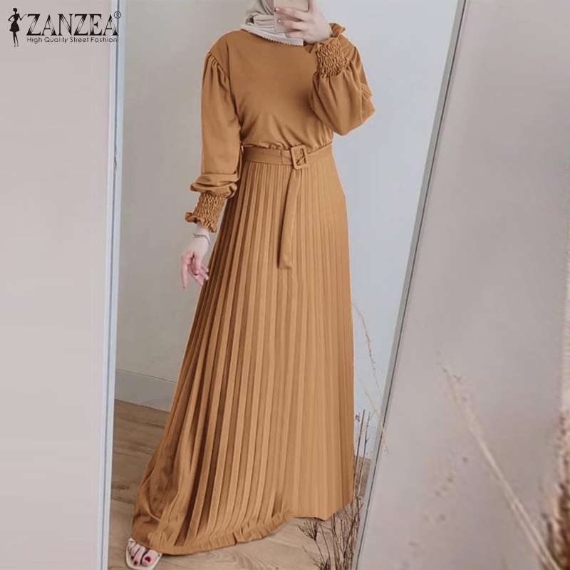 Đầm dài ZANZEA tay dài cổ tròn nhiều tầng có thắt lưng thời trang Hồi giáo cho nữ