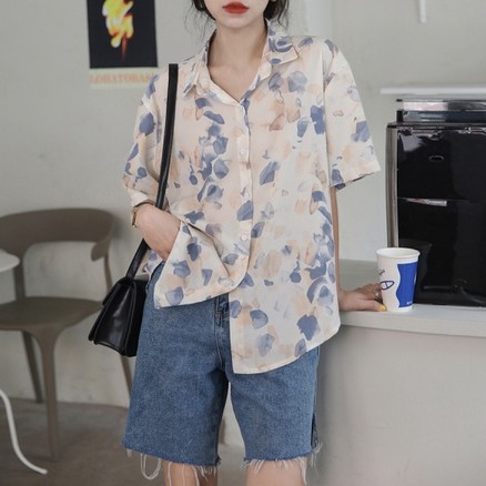Áo sơ mi tay ngắn in hoa kiểu retro Hàn Quốc năng động dành cho nữ