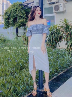 Set áo hoa cúc trễ váy xẻ (ảnh thật)