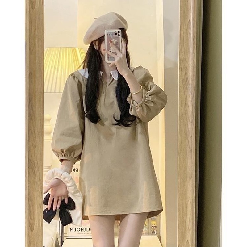 Đầm kaki dáng rộng cổ búp bê phong cách Retro Pháp