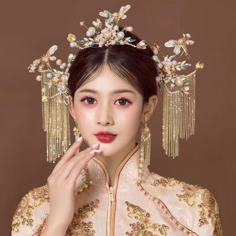 [Aishang Trang Sức Đẹp] Vương Miện Phượng Hoàng Vàng Trung Hoa Cổ Điển Tua Rua Dài Trang Phục Cưới Xiuhe Cho Cô Dâu