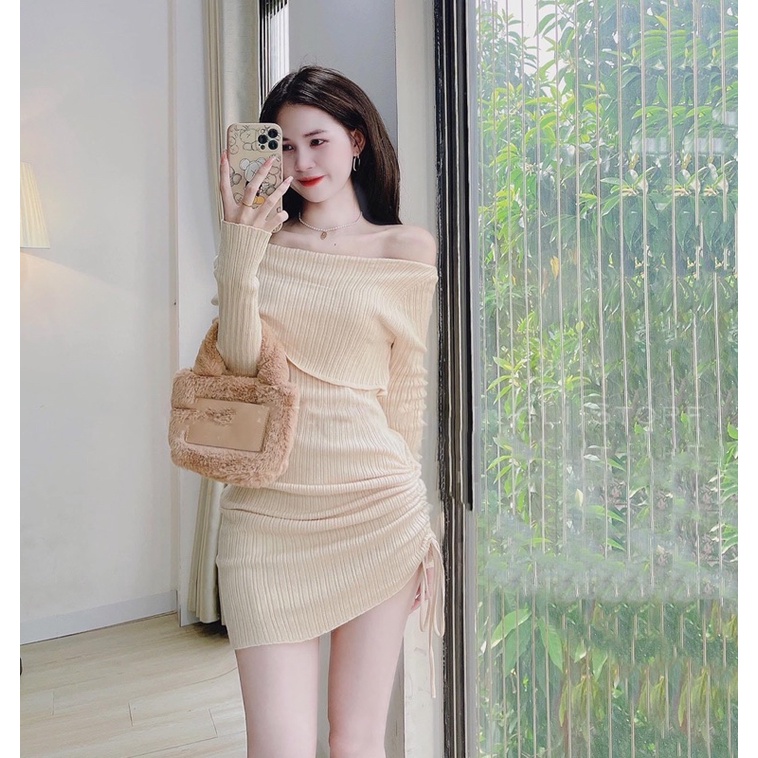 Đầm Nữ Body Trễ Vai Tay Dài Dây Rút Hông Chất Co Dãn Tôn Dáng