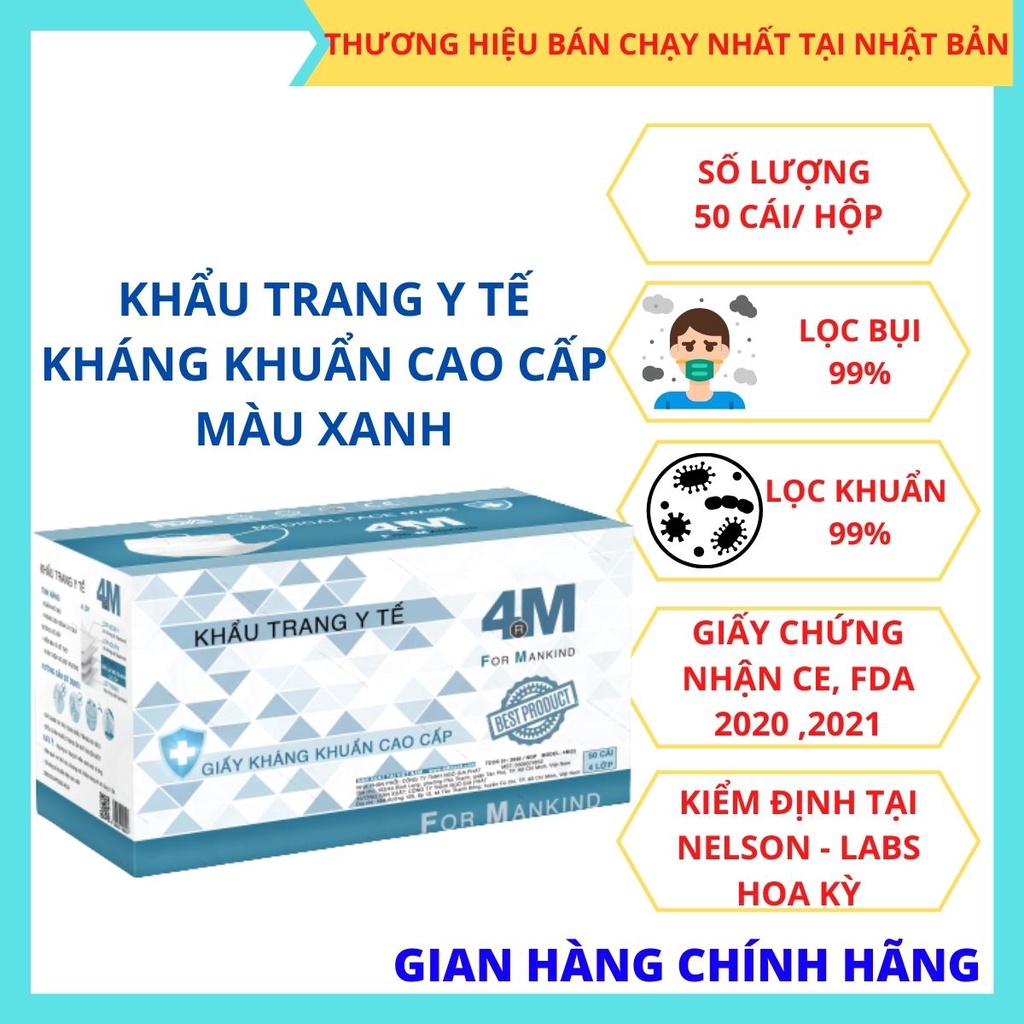 Hộp 50 Cái Khẩu Trang Y Tế 4 Lớp Kháng Khuẩn Màu Xanh Cao Cấp - Thương Hiệu 4M Sản Phẩm Bán Chạy Nhật Tại Nhật Bản