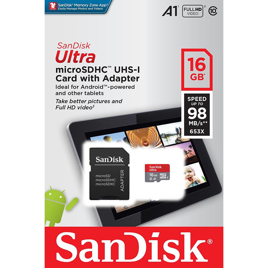 Thẻ nhớ 16Gb microSDHC Ultra A1 98MB/s SanDisk kèm Adapter