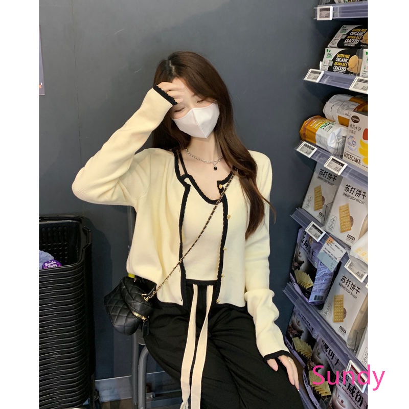 Set Áo Thun Tay Dài Phối Áo Hai Dây Thời Trang Mùa Thu Xinh Xắn Cho Bé Gái