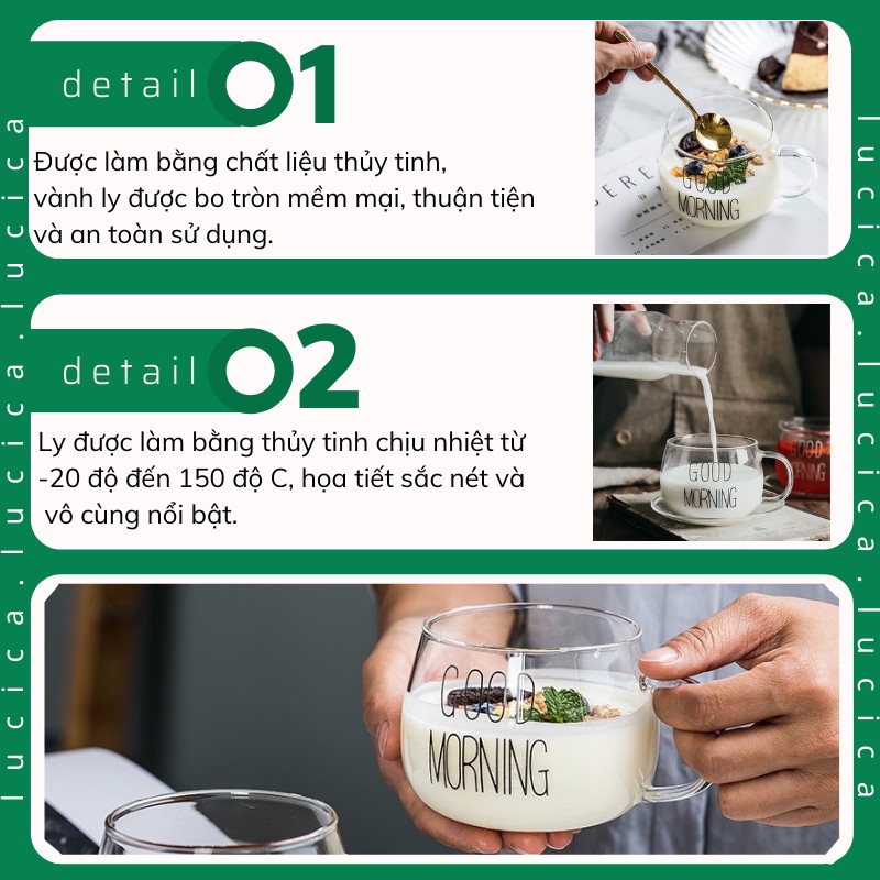 Ly thủy tinh Good Morning cute dễ thương 350ml chịu nhiệt Cốc thủy tinh uống nước có quai Hottrend hiện nay Lucica CTT3
