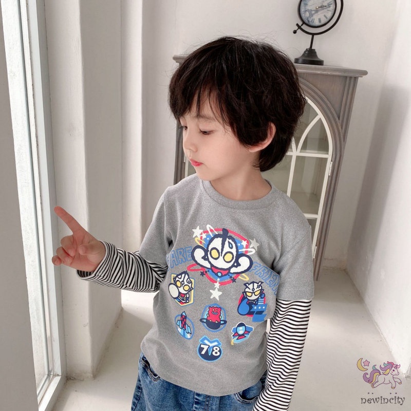 Áo Thun In Hoạt Hình Ultraman Giả Hai Lớp Phong Cách Hàn Quốc Thời Trang Mùa Thu Dành Cho Trẻ