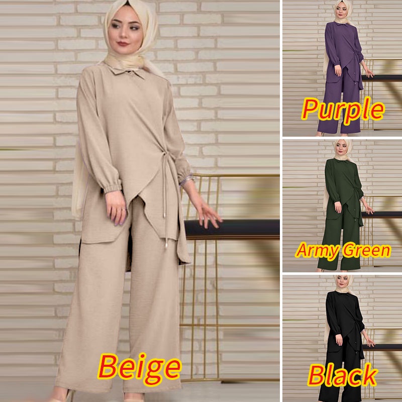 Bộ đồ ZANZEA gồm áo dài tay + quần dài phối túi phong cách Hồi Giáo thời trang cho nữ