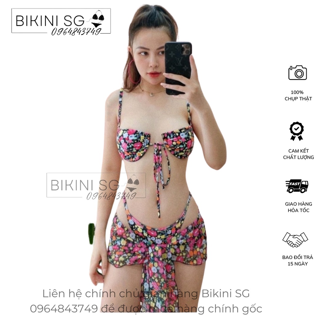 (hàng loại 1) Sét 3 món kèm khăn hoa nhí nhiều màu đi biển đẹp sexy khuyến rũ áo bikini có mút gọng độn nâng ngực đẹp
