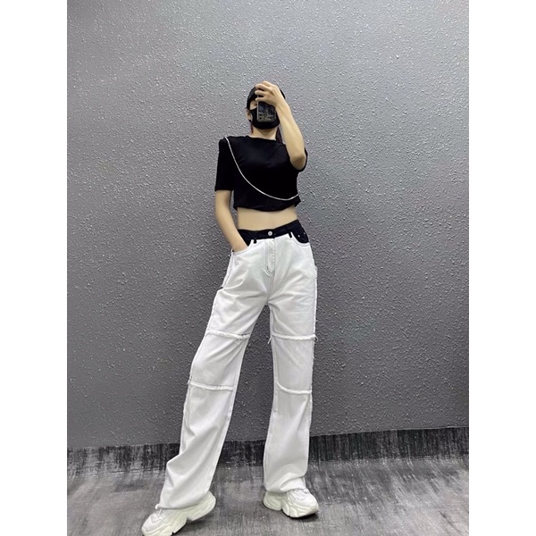 Quần bò jeans ống rộng MADE phối màu trắng - đen cách điệu Ulzzang siêu chất ❤️