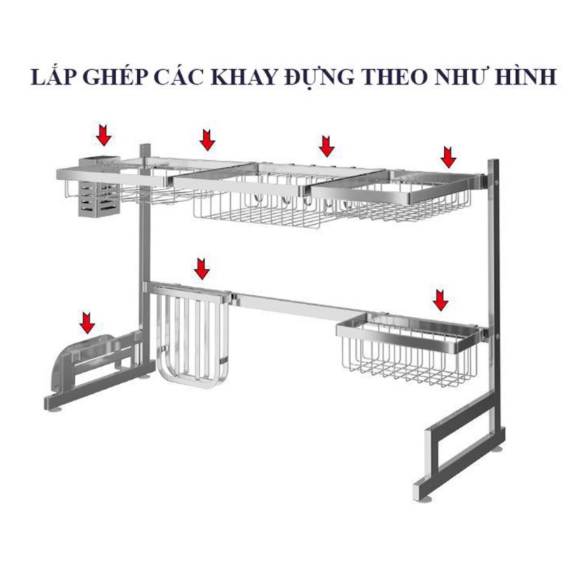 [Xuất Nhật] Kệ chén, sóng chén đa năng Foodcom, inox màu bạc cao cấp chống rỉ sét, dài 86-106cm,TẶNG KÈM khăn lau bếp