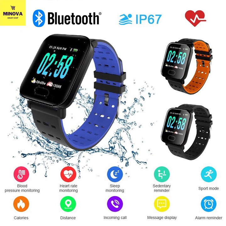Đồng hồ kết nối Bluetooth A6 chống nước tiêu chuẩn IP67- đo nhịp tim -nồng độ máu-hỗ trợ thông báo cuộc gọi , tin nhắoại
