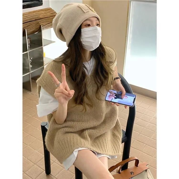 Bộ Áo Dệt Kim Ngắn Tay + Áo Khoác Dệt Kim Không Tay Thiết Kế Mới Thời Trang Theo