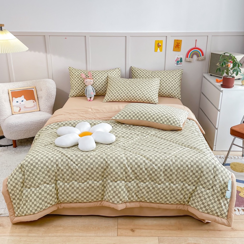 Bộ chăn ga gối cotton đũi 5 món mềm mại chăn trần nhập khẩu cao cấp, chăn ga gối phối kẻ chất vải mềm mịn thoáng mát